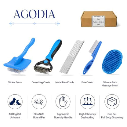 5 in 1 Pet Grooming Kit 5PCS,Large Dog Brush for Goldendoodles Poodles Doodles,Dematting Comb, Metal Comb, Flea Comb, Silicone Bath Brush Pin Haired Brush,Poodle Brushes and Comb（blue）