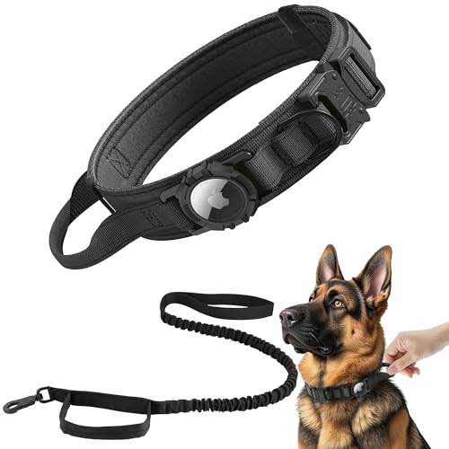 Tactical AirTag Dog Collar Leash Set - Heavy Duty, Adjustable GPS Collar Compatible with Apple AirTag, with Holder & Control Handle for Medium/Large Dogs [ Black, L ] - color: Black-SET, size: L(16.5"-20.5")