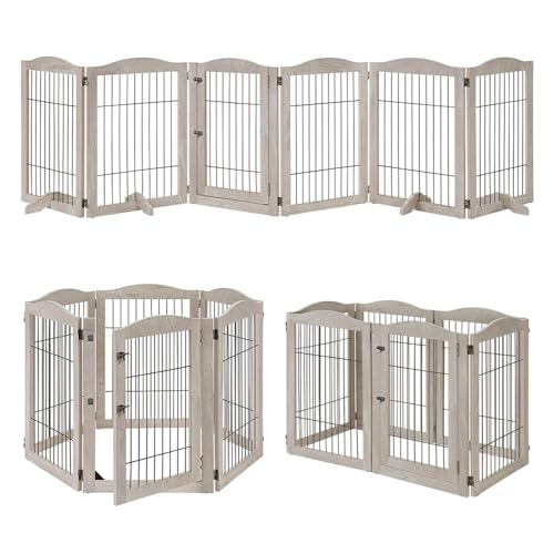 unipaws 132" Extra Wide Dog Gate and Pet Playpen, Free Standing Tall Fence with Walk Through Door, Barriers for Home, Use as Indoor Dogs Cats Pen, Rabbit Pen, Weathered Grey - color: Weathered Grey, size: 132"W×31.5"H