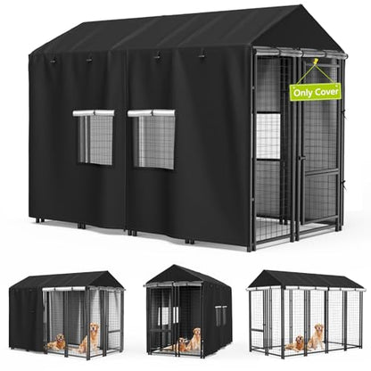 Outdoor Dog Kennel Cover 8'D x 4'W x 6'H Black Full Coverage with Transparent PVC Window and Breathable Mesh All-Weather Protection for Multiple Brands of Kennels Only Cover - size: 8'D x 4'W x 6'H