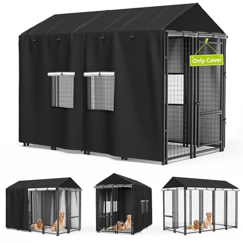 Outdoor Dog Kennel Cover 8'D x 4'W x 6'H Black Full Coverage with Transparent PVC Window and Breathable Mesh All-Weather Protection for Multiple Brands of Kennels Only Cover - size: 8'D x 4'W x 6'H