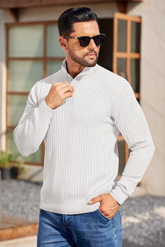 COOFANDY Mens Quarter Button Sweater Long Sleeve Stand Collar Sweaters Casual Knitted Ribbed Dress Pullover - color: White, size: Medium
