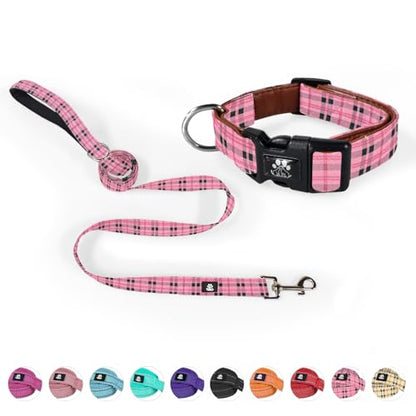 NESTROAD Dog Collar and Leash Set,Soft Neoprene Pet Collar with Quick Release Buckle,Adjustable Nylon Dog Collars for Small Medium Large Dogs(Small,Cherecked Pink) - color: Checkered Pink, size: Small