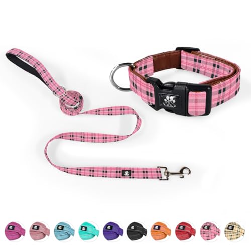 NESTROAD Dog Collar and Leash Set,Soft Neoprene Pet Collar with Quick Release Buckle,Adjustable Nylon Dog Collars for Small Medium Large Dogs(Small,Cherecked Pink) - color: Checkered Pink, size: Small