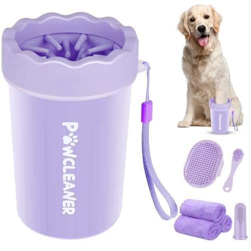 Professional 7 in 1 Dog Paw Cleaner for Dogs & Cats - Includes 1 Portable Paw Washer, 1 Bath Brush, 2 Dog Toothbrushes and 3 Absorbent Towels Note: Fits Paws 1.5 to 2.5 Inches Wide (Medium, Purple) - color: Purple, size: Medium