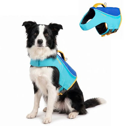 Tuff Pupper Dog Life Jacket | High Buoyancy Dog Swim Vest with Rescue Handle | Adjustable Secure Fit | Reflective Safety Trim | Pet Flotation Jacket for Swimming Boating Kayaking (Blue/Yellow, M) - size: Medium
