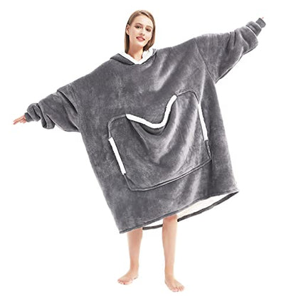 Cozystar Wearable Blanket Hoodie with Giant Pocket （Pet Won't Leave） Extra Soft Sherpa Fleece Thick Warm ＆ Cozy Oversized Sweatshirt Blanket Jacket with Sleeves-Grey