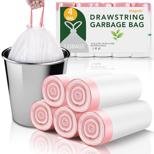 4 Gallon Small Trash Bags Drawstring - Clear White Garbage Bag 5 Rolls 125 Count No Scented Thick Durable Strong Mini Plastic Can Liners for Kitchen Offic or Outdoor Hiking - color: Drawstring-4Gal125