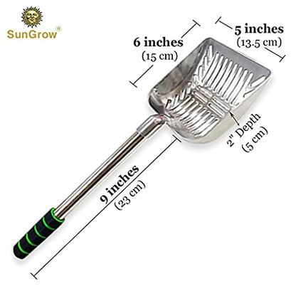 SunGrow Cat Litter Scoop, Stainless Steel Long Handle Chicken Coop Poop Scooper, Comfortable 9” Handle, 5” Wide Mouth, Narrow Slits and High Sides Metal Sifter, for Litter Boxes or Gardening