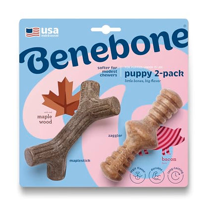 Benebone Puppy 2-Pack Maplestick/Zaggler Durable Dog Chew Toys for Gentle Chewers, Real Bacon, Real Maplewood, Made in USA, Tiny - size: Puppy Tiny (2-Pack)
