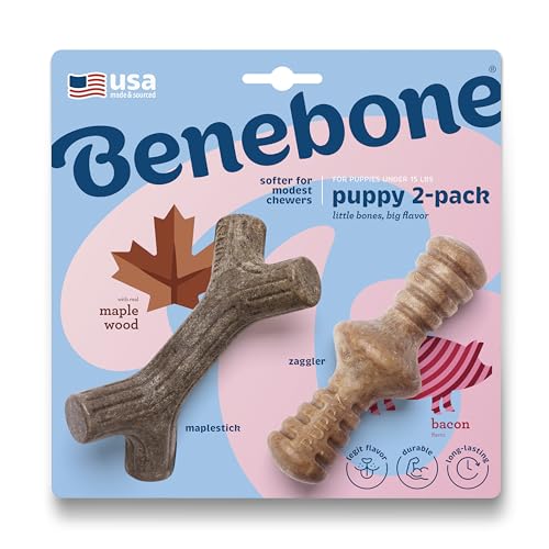Benebone Puppy 2-Pack Maplestick/Zaggler Durable Dog Chew Toys for Gentle Chewers, Real Bacon, Real Maplewood, Made in USA, Tiny - size: Puppy Tiny (2-Pack)