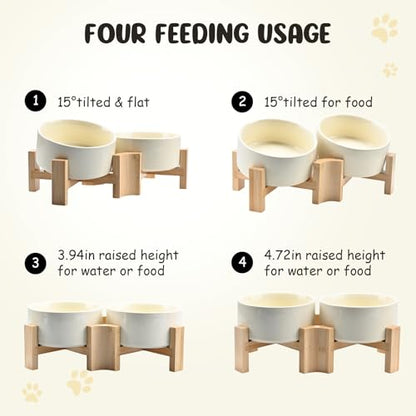 SPUNKYJUNKY 15° Slanted Ceramic Dog and Cat Bowl with Wooden Stand, Tilted Bulldog Food and Water Bowl No Slip Non-Spill for Cats Medium Dogs Big Face Pets 28.7 OZ (3.6 Cups, Beige × 2) - color: Beige, size: 3.6 CUPS × 2