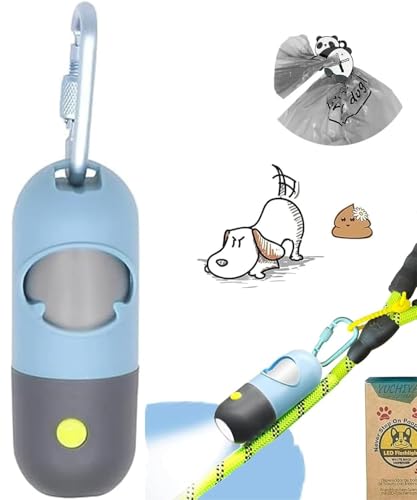 Dog Poop Bag Holder with LED Flashlight for Night Walks,Silicone Tether & Panda Pattern Clip for Used Bags, Hands-Free Metal Leash Carabiner, Includes 15 Scented Waste Bags (Blue) - color: Blue