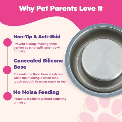 Stainless Steel Dog Bowls | Cat Bowls (Pack of 2) - Anti Skid & Non Tip Dog Water Bowl | Cat Water Bowl Set - Dishwasher Safe - 32 Oz - 950 ml - 23 cm Diameter (Elegant Silver Stripes)
