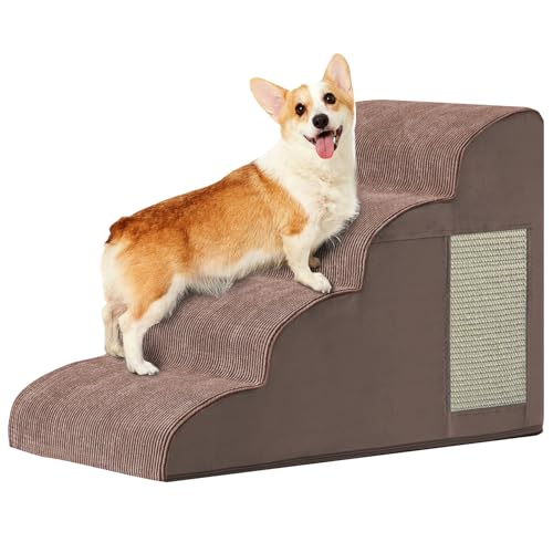 Dogs Steps for Bed, Dog Stairs for Small Dogs, 4-Step Dog Ramp for Bed, Couch, Sofa, and Chairs, Non-Slip Bottom Design, Cat Scratching, High Density Foam Portable Pet Step, Indoor, Coffee - color: Coffee, size: 4-Step 19.7"H