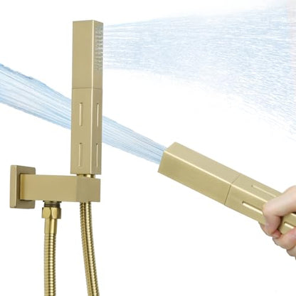 2 Settings Models Handheld Shower Head Sprayer High-Pressure with 59" Long Flexible Hose, Square 2 in1 Solid Brass Adjustable Shower Wand Replacement Kit, Brushed Gold - color: Brushed Gold