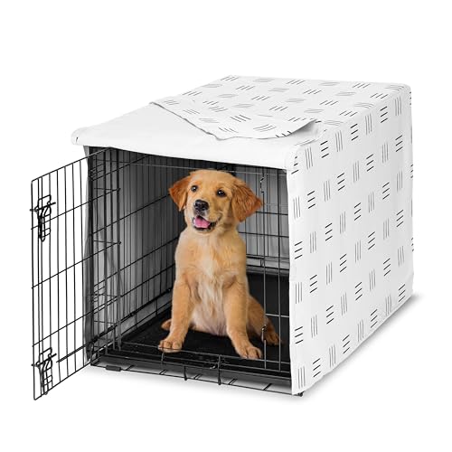 Sweet Jojo Designs 36in. Medium Dog Crate Cover (White and Black Boho) Pet Cage, Kennel Covers (Mudcloth, Black & White, Bohemian, Modern, Minimalist, Southwest, Mud Cloth, Hatch, Neutral Triple Line) - color: White and Black Hatch, size: 36in. x 24in. x