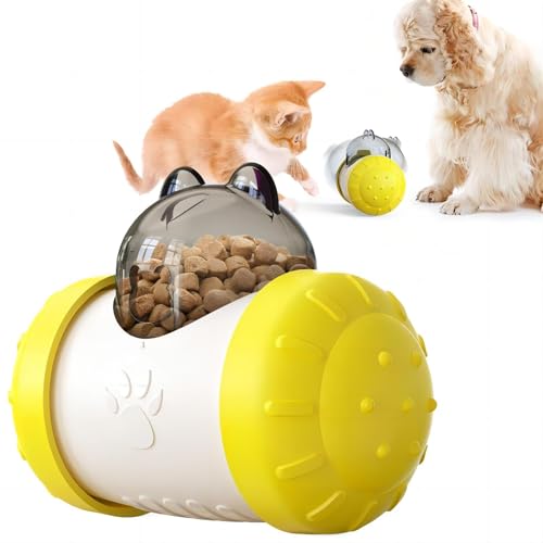 KAYNO Pet, cat and Dog Treat Dispenser Toys, pet Puzzle Food Funnel Toys, Food Grade Material, Non-Tipping, Clear Food Storage bin and Wheel Sliding Design. (Yellow) - color: Yellow