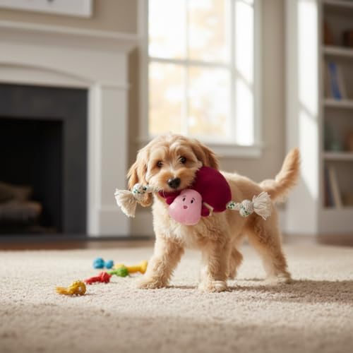 Green Sheep Puppy Plush Dog Toy, No Stuffing Squeaky Toy with Recycled Cotton Rope for Teething, Comfort and Gentle Play, Small Dogs and Puppies, Mushroom - color: Mushroom