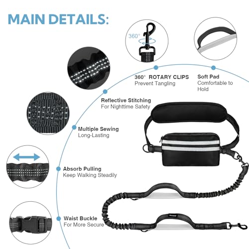 Hands Free Dog Leash, Adjustable Waist Belt with Double Padded Handles, Retractable Bungee for Medium & Large Dog, Running, No Pull,Black Grey - color: Black/Silver Gray