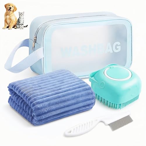 4PCS Dog Bath Kit & Dog Brush Kit for Dogs & Cats - Professional Pet Grooming Tools Set with Shedding Brush, Bath Scrubber, Dematting Comb & Storage Bag - Complete Dog Washing Essentials, Blue - color: 4PCS-Blue