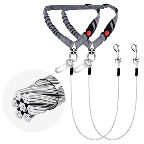 2 Pack Chew Proof Dog Seat Belt with Steel Cable, 2 in 1 Car Harness for Medium & Large Dogs Chewer Heavy Duty Dog Seatbelts - color: GREY-Steel cable type