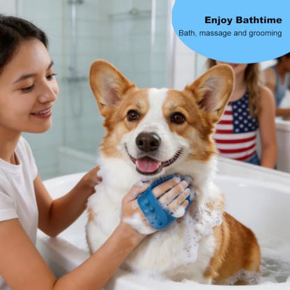 2PCS Dog Washing Gloves and Dog Bath Brush, Pet Shower Mitt with 3000 Soft Rubber Bristles, Adjustable Handle Scrubber for Bath, Massage and Grooming - color: Blue