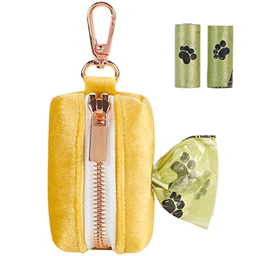ARING PET Dog Poop Bag Holder, Velvet Doggy Waste Bag Dispenser Attach to Any Leashes, Portable Washable Pet Waste Pouch Dispenser with Metal Zipper - color: A:Deep yellow