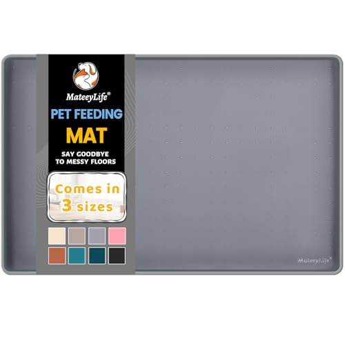 MateeyLife Silicone Cat & Dog Food Mat for Floors Waterproof, Anti-Slip Dog Bowl Mats for Food and Water, Pet Feeding Mats with Lip to Prevent Spills, Pet Placemat for Messy Drinkers to Protect Floors - color: Gray, size: 22''×14''