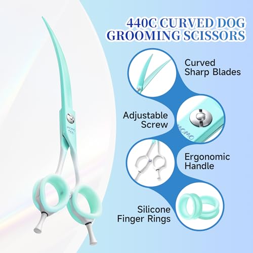 7'' Curved Dog Grooming Scissors Green to White Gradient | 440C Stainless Steel, Sharp Durable, Professional or Home Use, Ergonomic Handle with 2 Silicone Finger Rings - color: Green