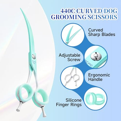 7'' Curved Dog Grooming Scissors Green to White Gradient | 440C Stainless Steel, Sharp Durable, Professional or Home Use, Ergonomic Handle with 2 Silicone Finger Rings - color: Green