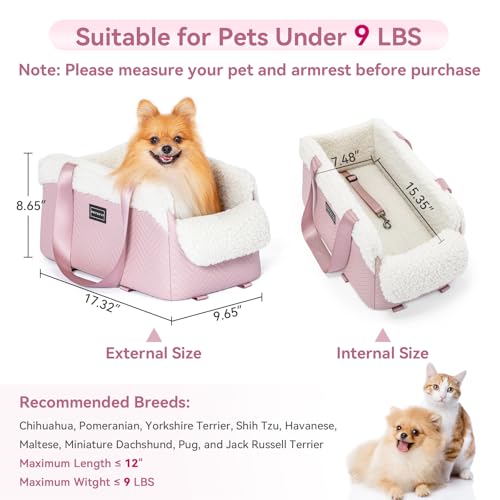 PETSFIT Cat Car Seat, Portable Console Dog Car Seat with Safe Protective Hooks, Luxury Pet Car Seat Includes Safety Leash and Storage Pocket for Pets Up to 9 lbs (Pink) - color: Pink