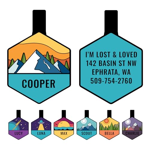 GoTags Silent Dog Tag, Personalized Engraved Hexagon Silicone Pet ID Tag | Dog and Cat Name, Number Address or Message, 5 Lines Custom Text, Soundless No More Jingling Dog Tags (Mountain Orange) - size: Hexagonal (Pack of 1), style: Mountain Orange