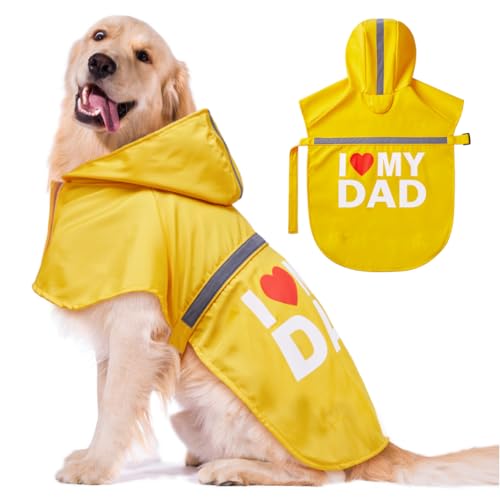 Cute Print Dog Raincoat - Waterproof Rain Jacket with Reflective Strips, Leash Hole, Adjustable for Small to X-Large Dogs (Yellow, X-Large) - color: Yellow (I Love My Dad), size: X-Large