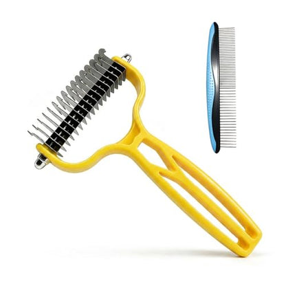 Double Sided Dematting Comb for Cats & Dogs, Undercoat Rake, Safe Deshedding Grooming Tool, Gentle Matt Remover Detangler for Long Thick Haired Pets, Ergonomic Pet Grooming Brush (Lemon) - color: Lemon