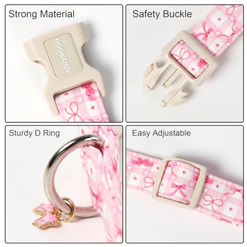 DOGWONG Pink Plaid Dog Collar-Cute Pink Bowtie Print Dog Collar, Adjustable Cotton Girl Female Pet Collar Pink Puppy Collars with Quick Release Buckle,XS - color: A: Pink bow, size: X-Small