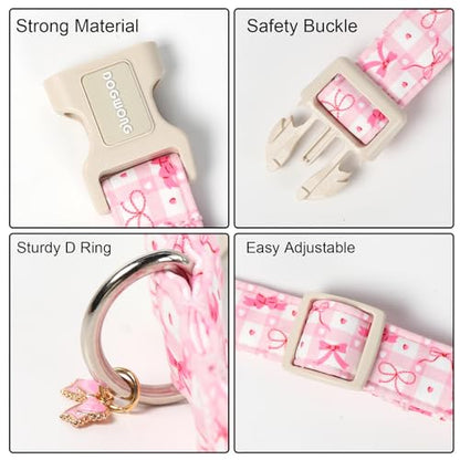DOGWONG Pink Plaid Dog Collar-Cute Pink Bowtie Print Dog Collar, Adjustable Cotton Girl Female Pet Collar Pink Puppy Collars with Quick Release Buckle,XS - color: A: Pink bow, size: X-Small