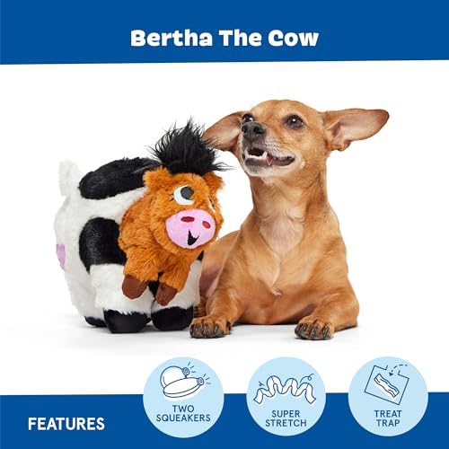BarkBox Bertha the Cow Dog Toy | XL Plush Rip & Reveal Toy with 2 Squeakers, Bungee Calf, Treat Hiding & Crinkle | for Dogs - color: Bertha the Cow