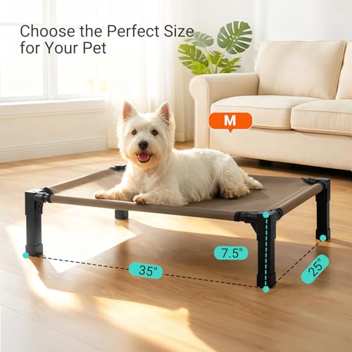 Niubya Elevated Outdoor Dog Bed, Cooling Elevated Pet Cot, Steel-Framed and Non-Slip Feet, Raised Dog Bed with Waterproof, Washable, Breathable Teslin Mesh, 35in - color: Brown, size: 35"L x 25"W x 7.5"H