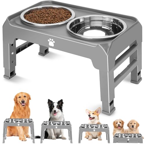 Elevated Raised Dog Bowl Stand with 2 Stainless Steel Bowls, Adjustable Height for Medium Large Dogs, 12.36" - 3.7" Foldable Feeder, Grey - color: Grey, size: Medium dogs