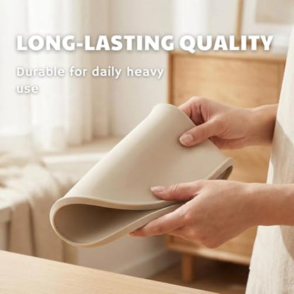 Oval Silicone Dog Food Mat - 19"x11" Aesthetic Pet Feeding Mat for 2 Bowls, BPA-Free Food Grade Silicone Mat with Raised Edges to Contain Spills, Waterproof & Non-Slip Dog Mat for Floors, Beige