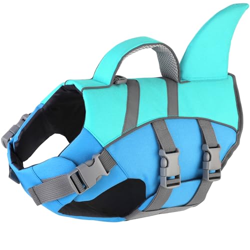 Dogcheer Dog Shark Life Jacket for Small, Medium & Large Dogs, Adjustable High Buoyancy Swim Vest with Rescue Handle, Reflective Pet Flotation Vest for Boating - Pine Green, M - color: PG+Blue, size: Medium