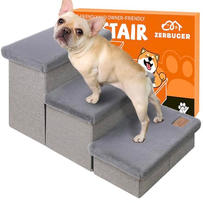 Zerbuger Dog Stairs with Furry Lids 18" H, 3-Step Wider Dog Steps with Storage for Small/Medium/Large Old Dogs Cats, Folding Sturdy Pet Stairs Climbing Bed Couch, Ramp for Car Hold Up to 200 lbs, Grey
