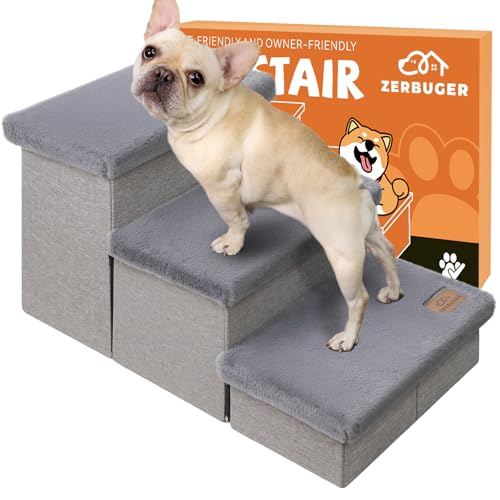 Zerbuger Dog Stairs with Furry Lids 18" H, 3-Step Wider Dog Steps with Storage for Small/Medium/Large Old Dogs Cats, Folding Sturdy Pet Stairs Climbing Bed Couch, Ramp for Car Hold Up to 200 lbs, Grey