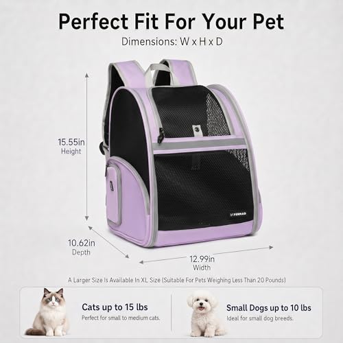 Cat Backpack Carrier for Small Dogs and Medium cat Puppy Kitten Bunny Pet Carrier Backpack Collapsible with Fully Ventilated Mesh with Safety Leash (Purple, 12.9" L x 10.62" W x 15.5" H - M) - color: Purple, size: Medium