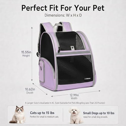 Cat Backpack Carrier for Small Dogs and Medium cat Puppy Kitten Bunny Pet Carrier Backpack Collapsible with Fully Ventilated Mesh with Safety Leash (Purple, 12.9" L x 10.62" W x 15.5" H - M) - color: Purple, size: Medium