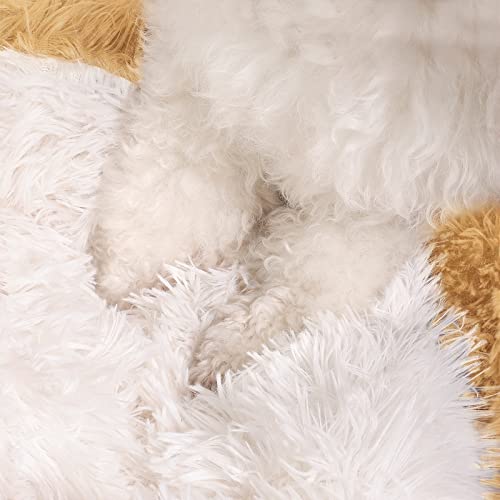 NOYAL Round Hooded Plush Cat Cave Donut Anti Anxiety Fluffy Bed for Small Medium Dog and Cat - color: Golden, size: Small 19.6''