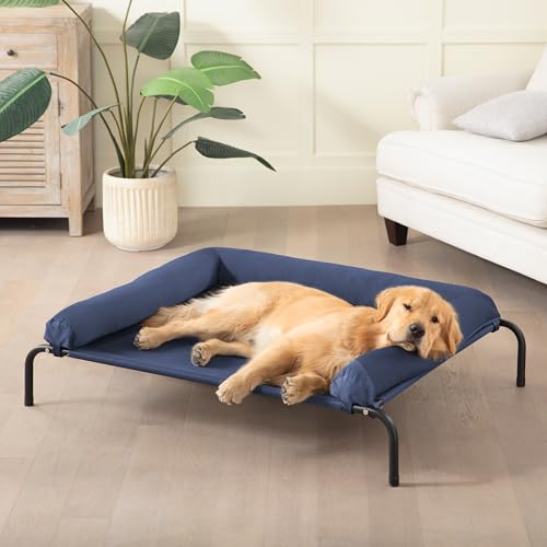 Cooling Elevated Dog Bed, Outdoor Raised Dog Beds, Medium Waterproof Dogs Cot W/Breathable Mesh, Pet Cot W/Portable Removable Bolster - color: Dark Blue, size: 36.0"L x 26.0"W x 8.0"Th