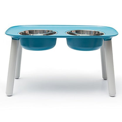 Messy Mutts Elevated Double Feeder with Stainless Bowls | Adjustable Height 3”, 5”, or 10” | Adjustable Standing Feeder for Dogs | 5 Cups per Bowl | Blue - color: Blue