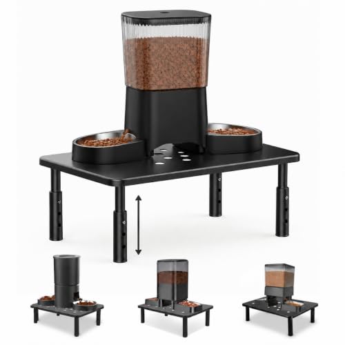 Raised Automatic Cat Feeder Stand for Double Bowl Feeders, Carbon Steel 14.57 x 9.25 in, 3 Adjustable Heights 3.94-5.5 in, Non-Slip, Fits Feeders & Water Dispensers, No-Drill (Black) - color: Black